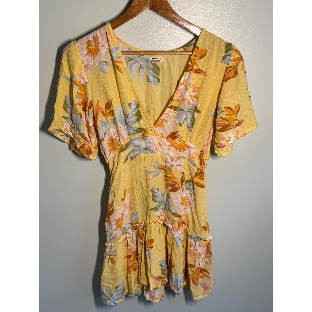 Billabong Womens Yellow Floral Tropical V-Neck Ruffle Tiered Mini Dress Size M